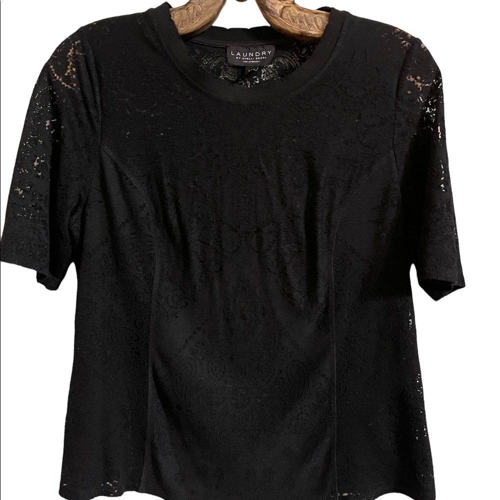 LAUNDRY Women’s L Top T-shirt Black Crewneck Lace Lined Shell Shelli Segal